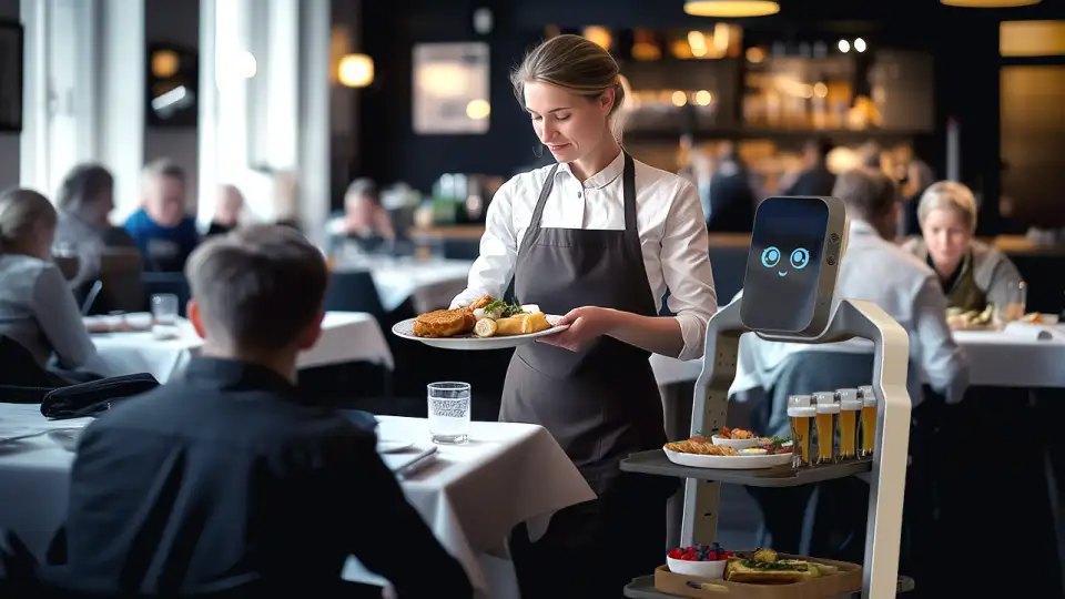 Servicekraft mit Serviceroboter im Restaurant