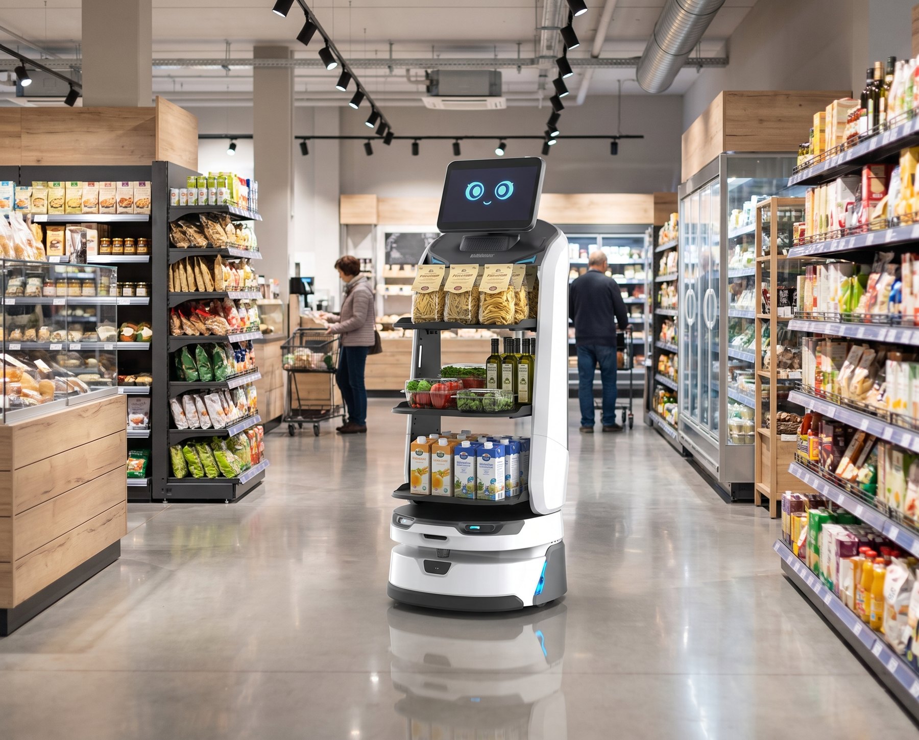 Serviceroboter im Supermarkt zwischen den Regalen